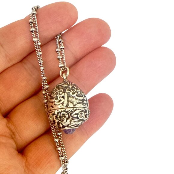 Vintage Silver Amethyst Locket Necklace with Hidden Butterfly Surprise Pendant - Picture 6 of 13